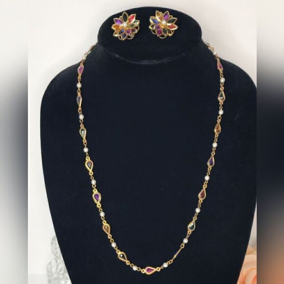 Vintage Gold Bezel set Gold crystal Demi Parure earrings necklace Set - Picture 6 of 15